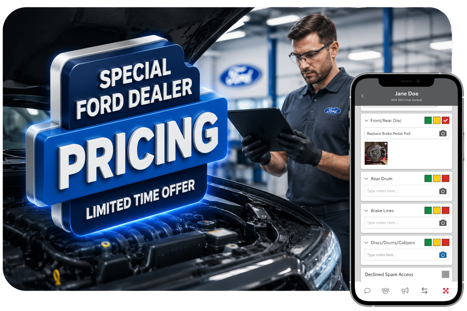 Promotional sign reading 'Special Ford Dealer Pricing' over an open car hood as a mechanic uses a tablet in a Ford service bay.