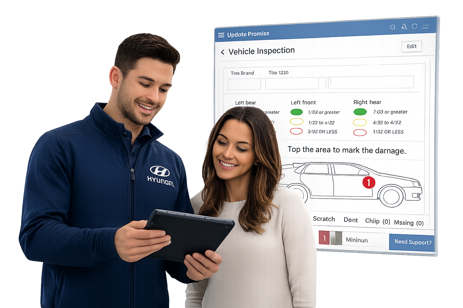 Hyundai employee and customer smile while reviewing a vehicle inspection on a tablet in front of a large screen behind them.