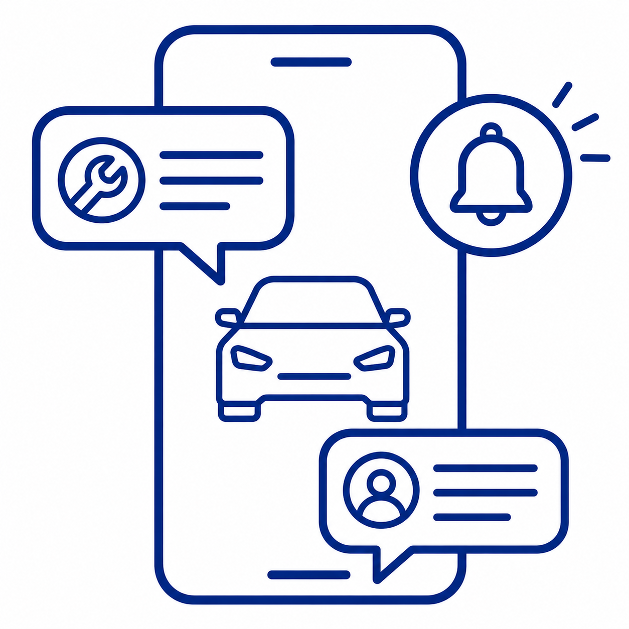 Car service notifications on smartphone Icon - UpdatePromise - UpdatePromise Blue outline vector showing a phone screen with a car, speech bubbles, a user icon, and a notification bell.