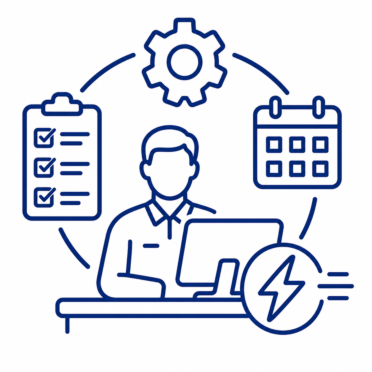 Person at a desk with a laptop, surrounded by a checklist, calendar, and a gear, symbolizing workflow and productivity.