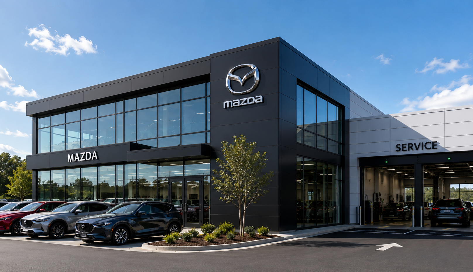 Mazda dealership building with glass facade and row of cars in the foreground on a sunny day.
