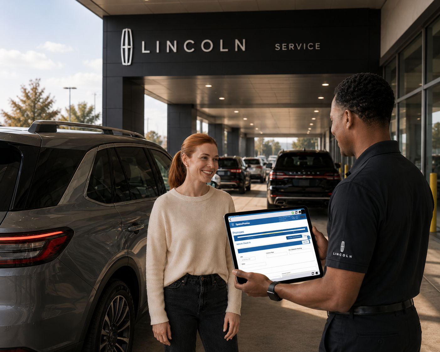Smiling customer at a Lincoln service desk as a service advisor shows a tablet with a vehicle service form beside a gray SUV outside the dealership.
