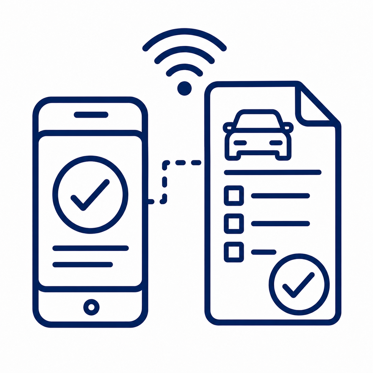 Smartphone and car rental document connected by a wireless signal, representing mobile vehicle check-in.
