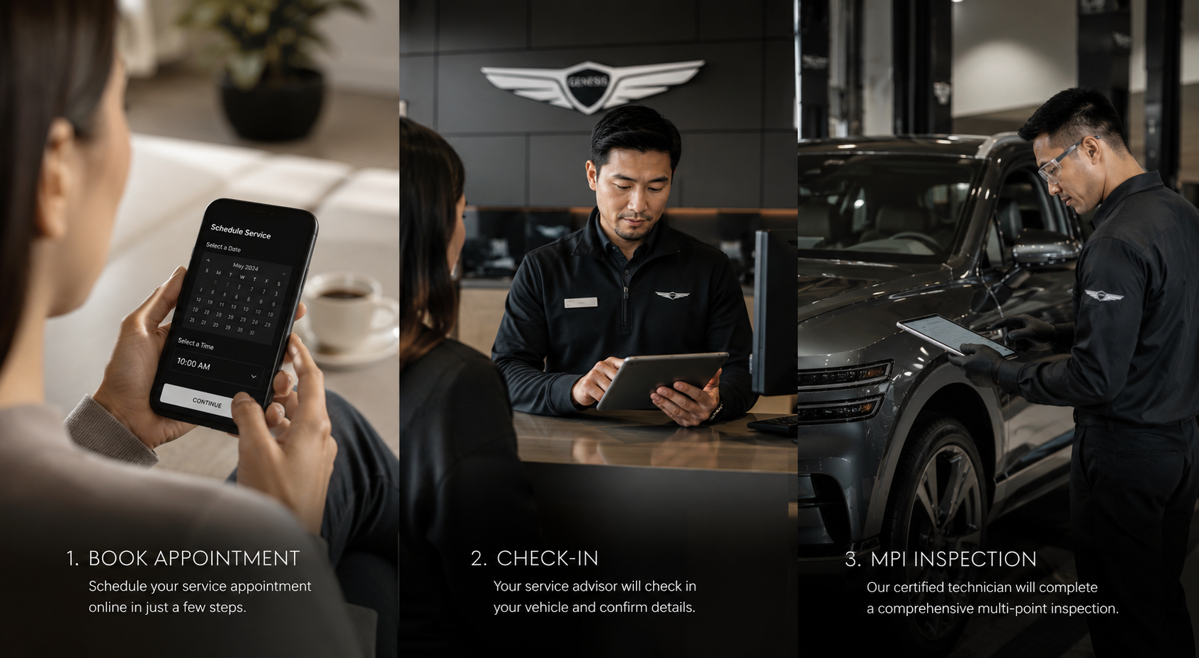 Three-panel scene showing a car service process: customer schedules via phone on the left, a service advisor checks details in the middle, and a technician inspects a car with a tablet on the right.