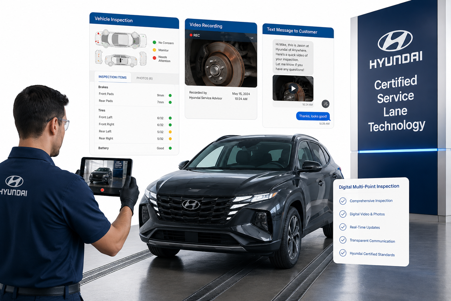 Technician using a tablet to inspect a Hyundai vehicle in a showroom with digital inspection screens overhead.