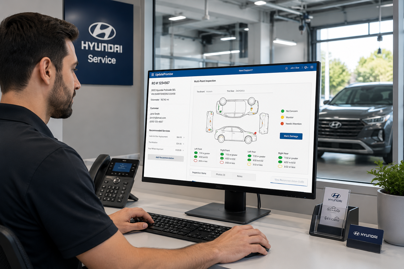 Service advisor at Hyundai Service desk reviewing a multi-point inspection on a large monitor.