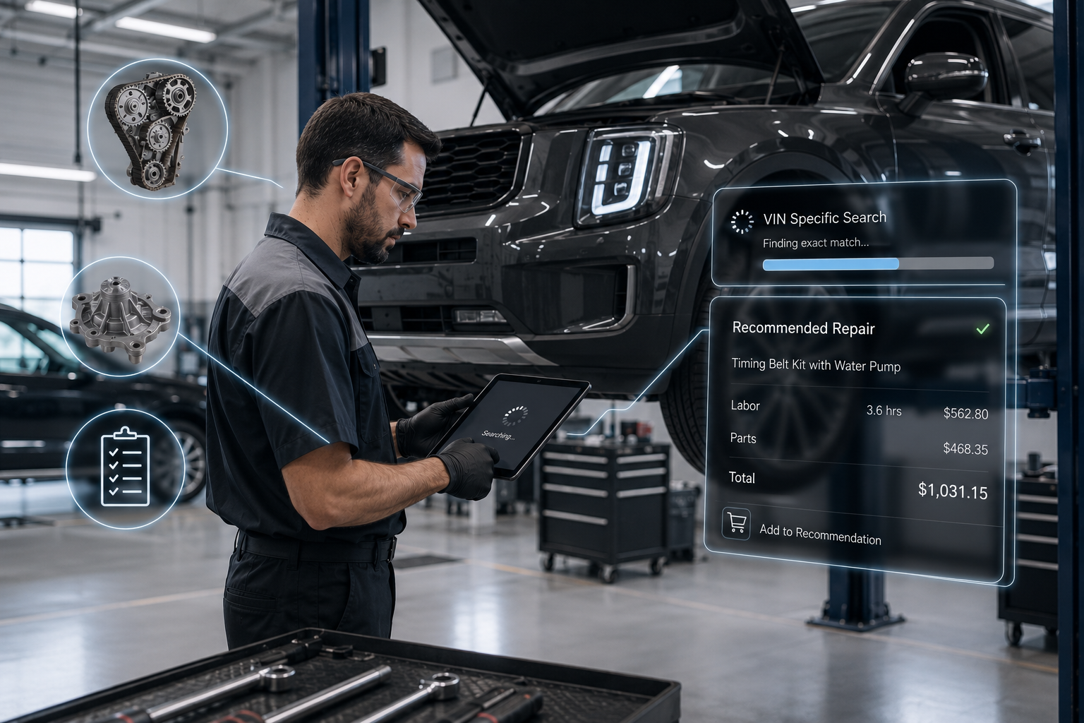 Mechanic wearing safety glasses uses a tablet as a digital repair summary appears as a holographic overlay next to a lifted SUV in a shop.