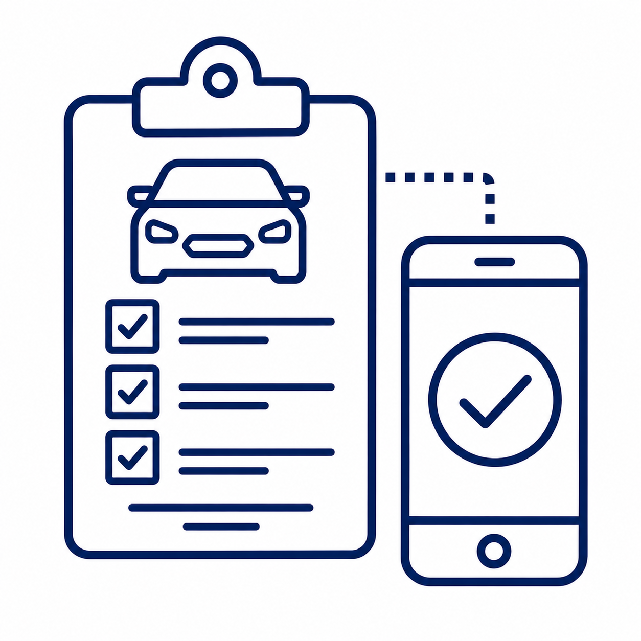 Car inspection checklist on a clipboard beside a smartphone showing a checkmark, implying car service progress via an app of verification.