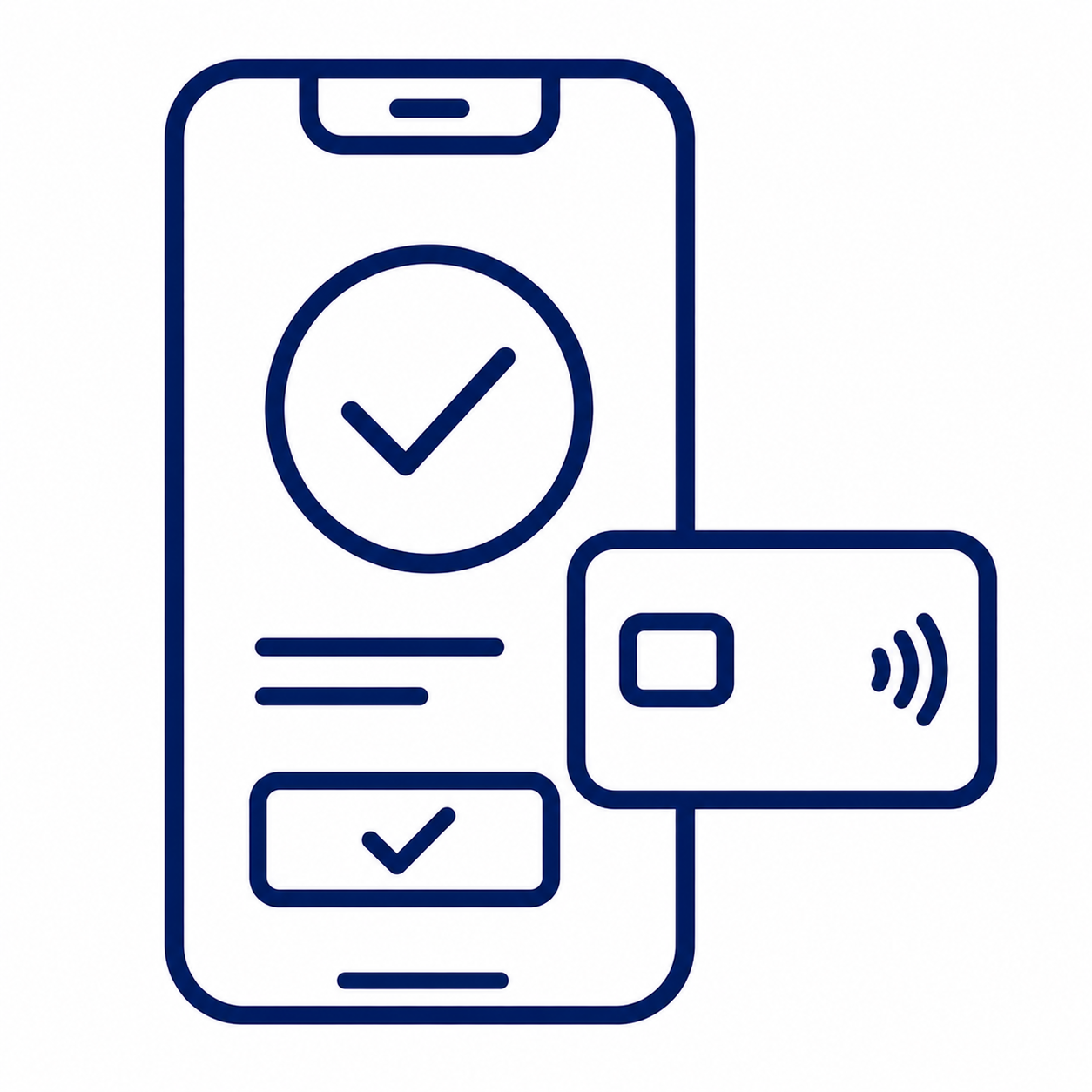 Smartphone with a large checkmark indicating payment success and a nearby contactless card for tap-to-pay.