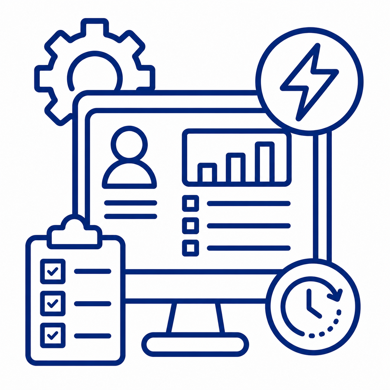 Line-art illustration of a computer dashboard with a user profile, charts, checklist, gears, lightning bolt, and a clock, symbolizing analytics and settings.