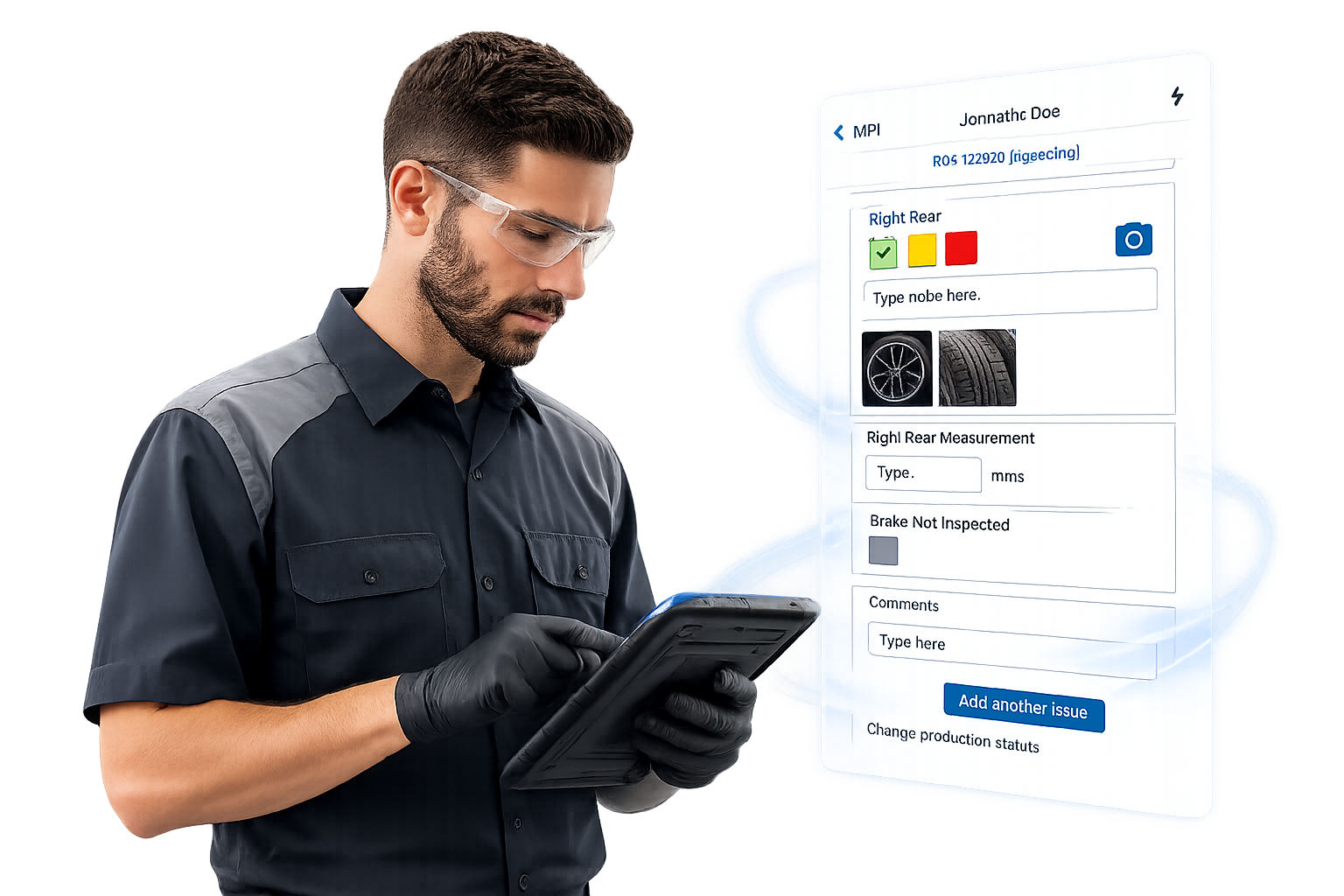 Technician in safety glasses uses a tablet as a holographic maintenance form with tire images appears beside him.