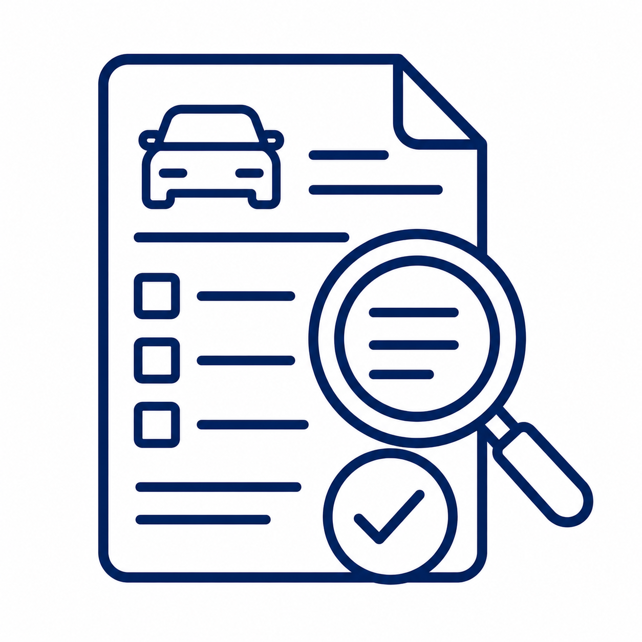 Vehicle inspection checklist on a document with a magnifying glass and a checkmark, symbolizing a car report review