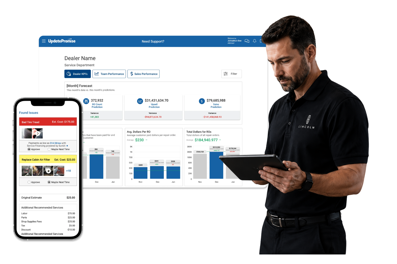 Man in a dark polo shirt looks at a tablet beside a large analytics dashboard with charts and performance widgets.