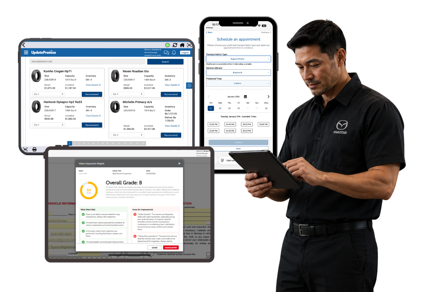 Male technician in a Mazda uniform using a tablet, with multiple screens showing vehicle service dashboards and inspection data behind him.