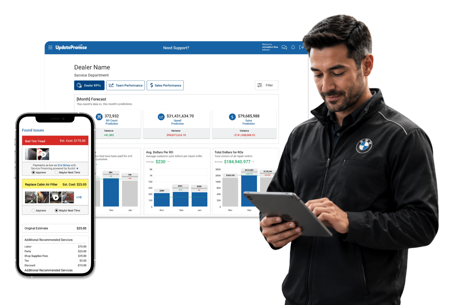 Man in a black BMW-branded shirt holds a tablet while a large analytics dashboard is shown on a screen behind him, illustrating cross‑device data charts and metrics.