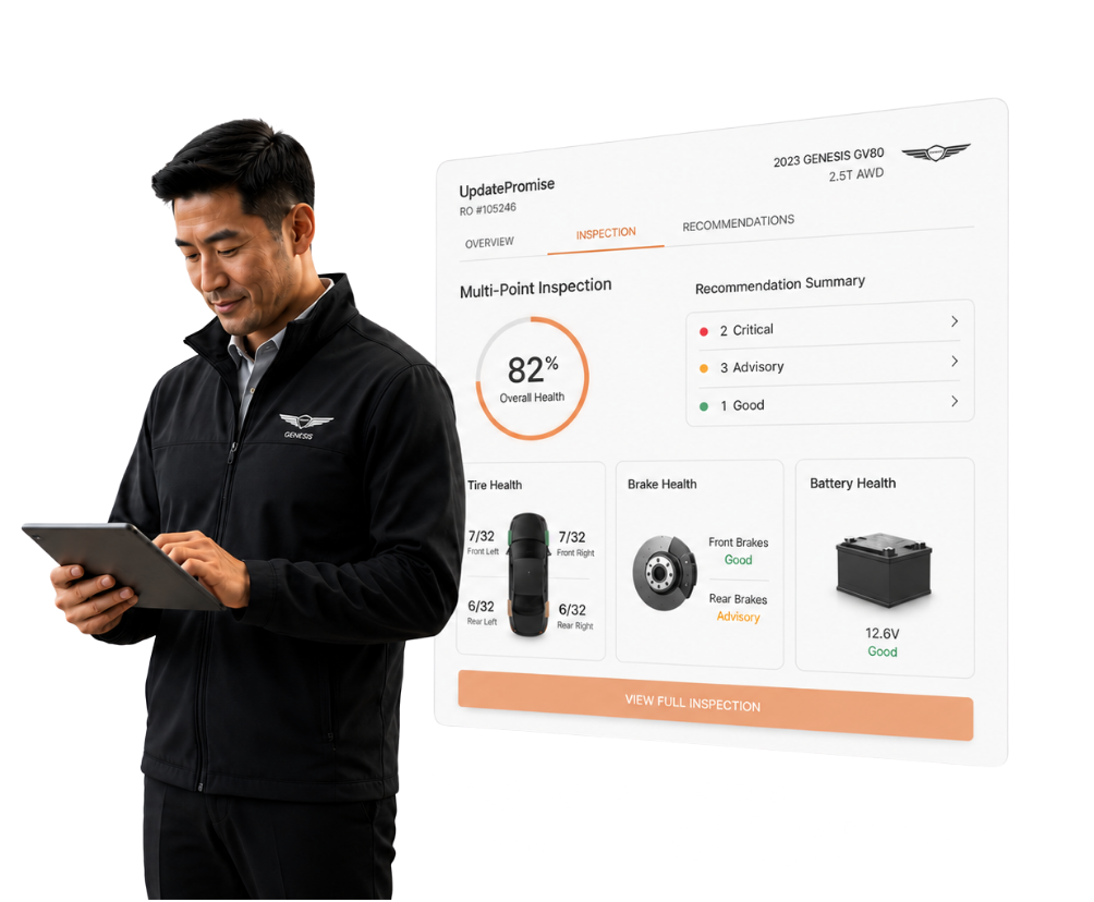 Technician in black jacket uses a tablet beside a car inspection dashboard showing health metrics and parts status