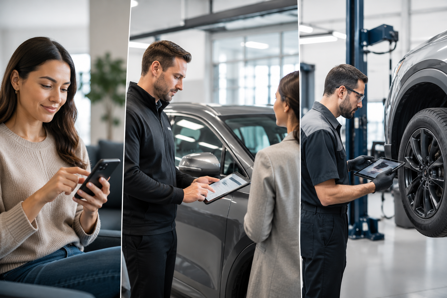 Collage of three scenes: a woman using a smartphone, a man showing information on a tablet to a customer beside a car, and a mechanic inspecting a wheel with a tablet in a shop.