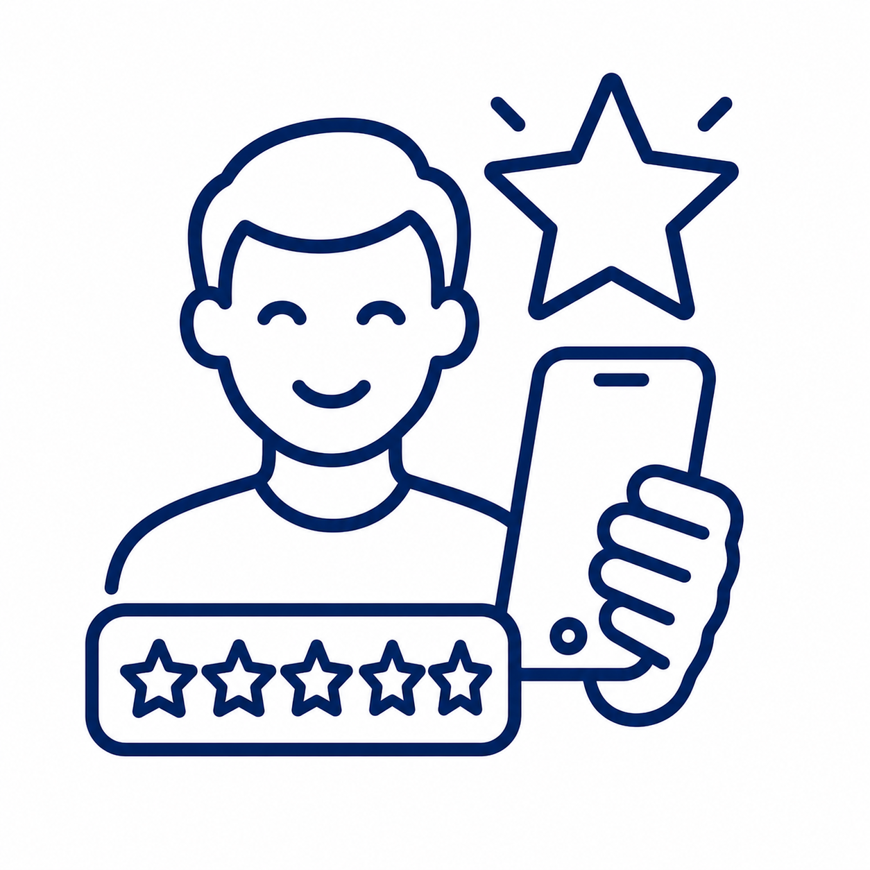 Smiling person holding a smartphone with a five-star rating bar beneath them in blue outline art.