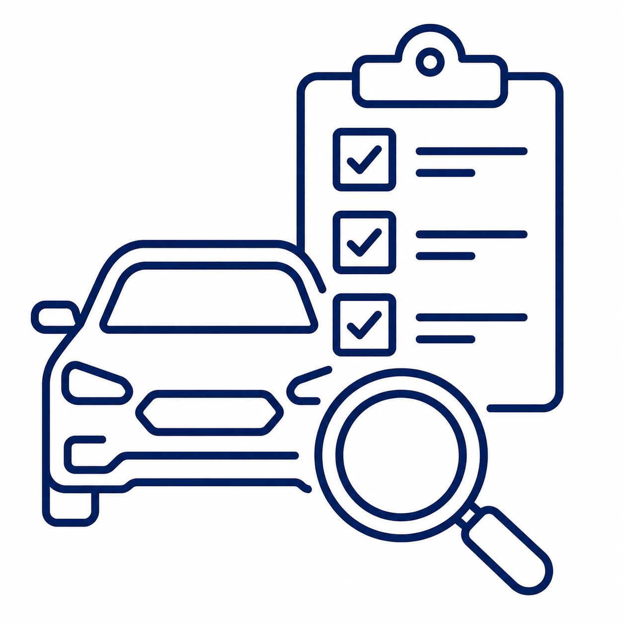 Car with a checklist on a clipboard and a magnifying glass, symbolizing vehicle inspection or car maintenance checks