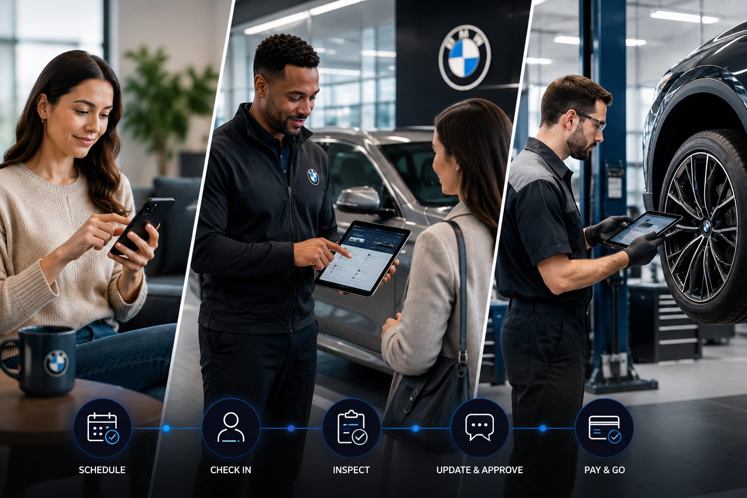BMW service center scene showing a customer on a phone, a staff member with a tablet talking to her, and a mechanic inspecting a tire on a lift, with a five-step workflow at the bottom: Schedule, Check In, Inspect, Update & Approve, Pay & Go.