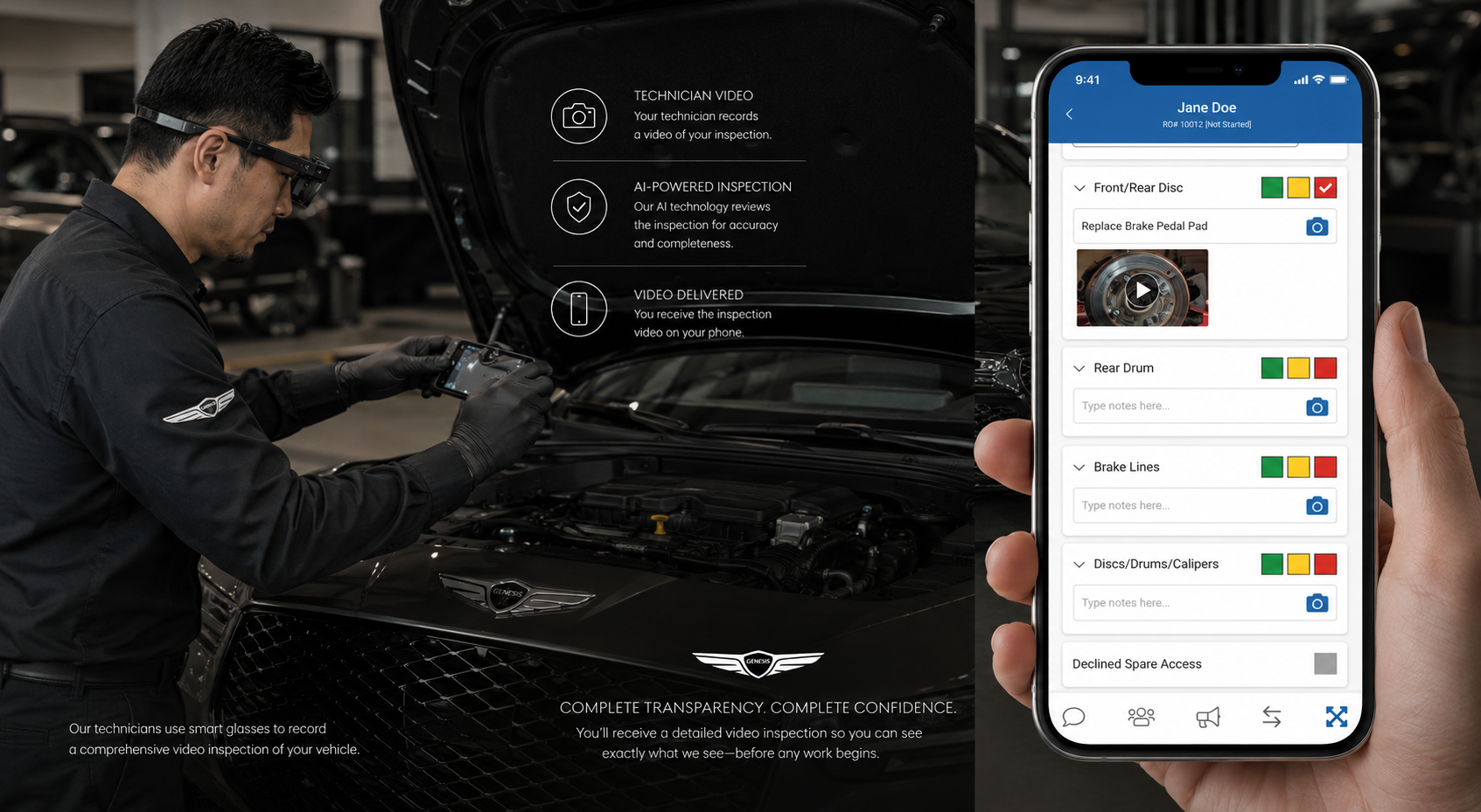Technician wearing smart glasses inspects a car while a mobile app shows a digital vehicle inspection checklist.