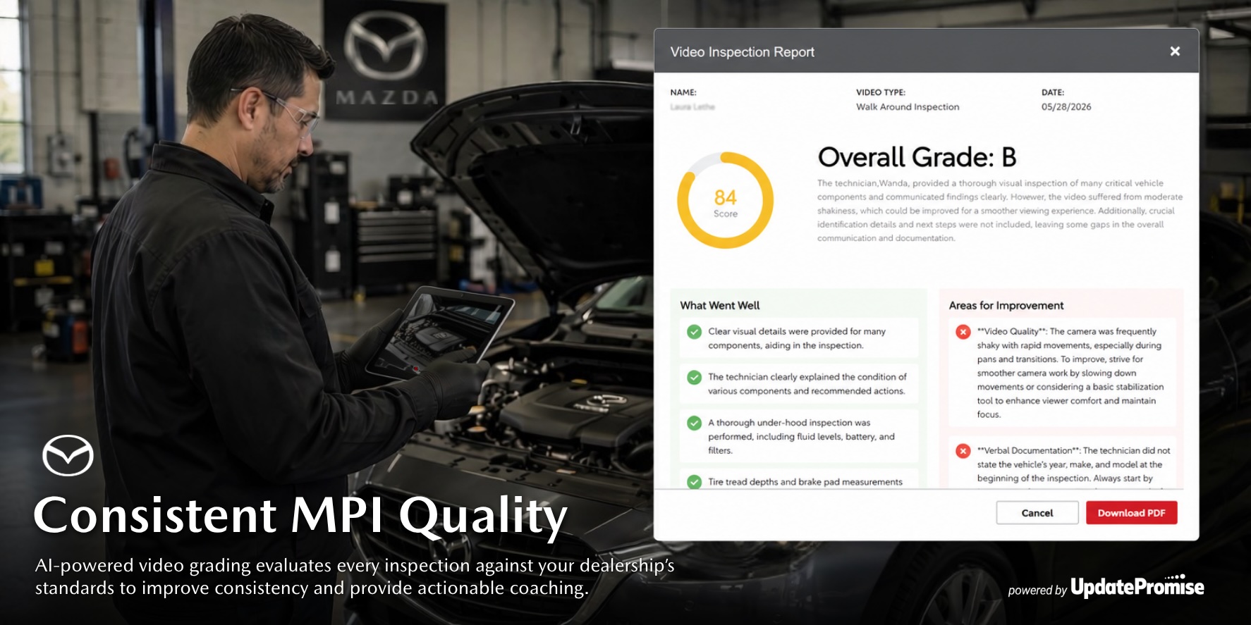 Mazda Digital Service Scheduling Graphics - 1 - UpdatePromise Male mechanic in a shopReviewing a vehicle inspection report on a tablet with a large on-screen score and 'Video Inspection Report' overlay in the foreground.