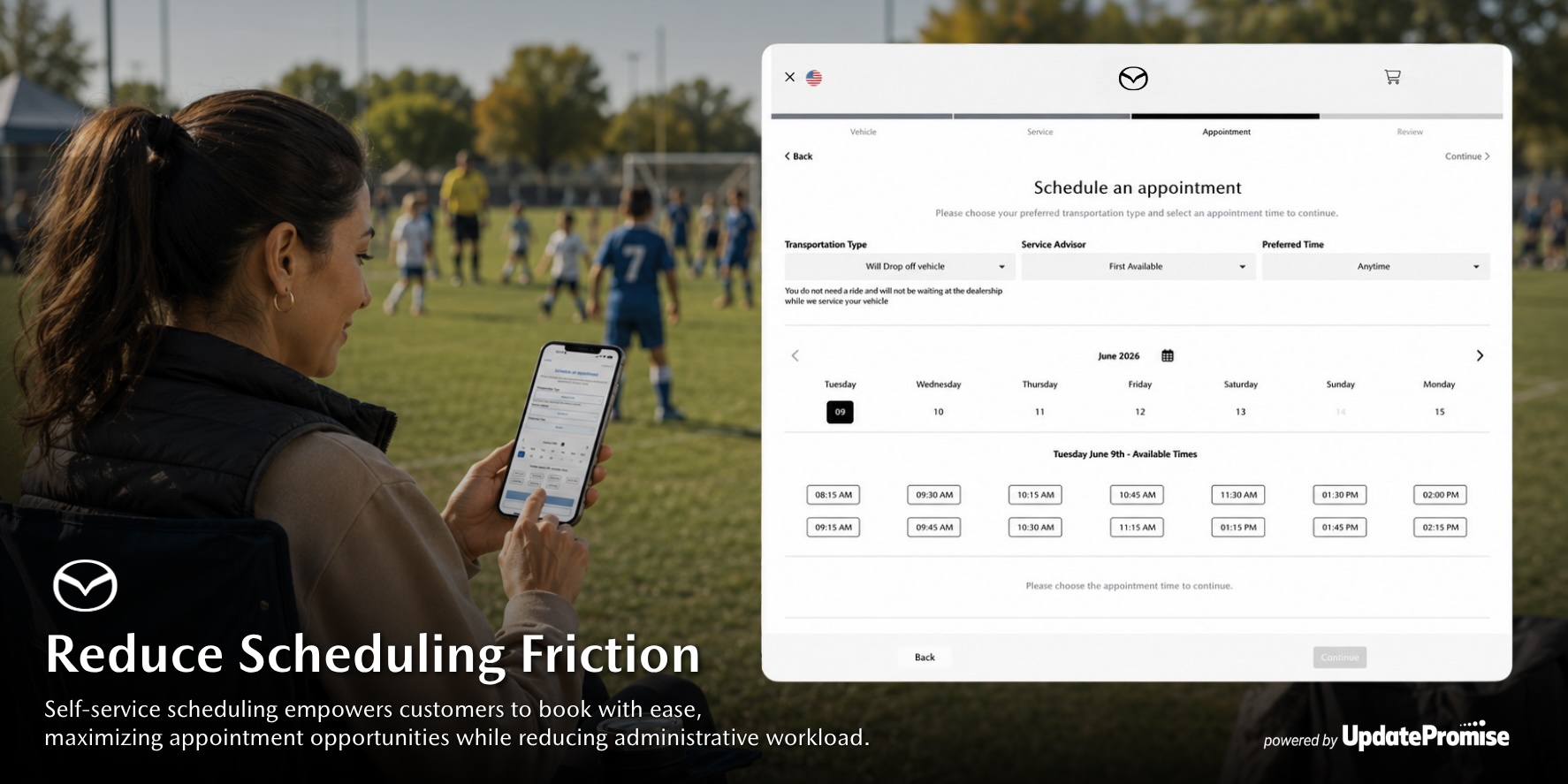 Mazda Digital Service Scheduling Graphics - 2 - UpdatePromise A person outdoor, holding a smartphone displaying a scheduling app over a blurred field backdrop, illustrating easy self-service booking.